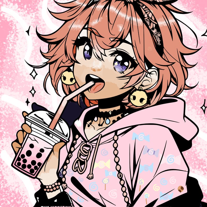 hot baddie anime girl drinking boba and biting the straw