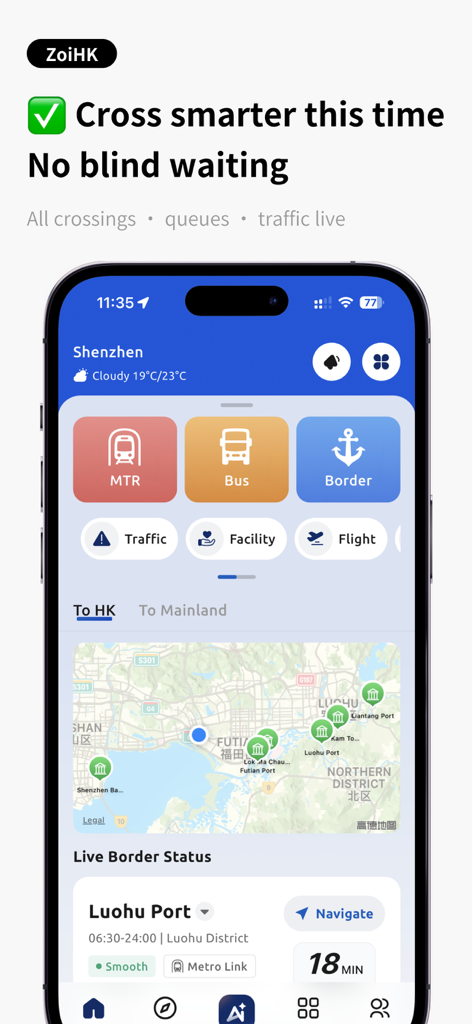 HK Transit & Customs - ZoiHK - Schermata dello smartphone che mostra l'interfaccia dell'app ZoiHK con lo stato del passaggio di frontiera in tempo reale e le opzioni di trasporto per Hong Kong e Shenzhen