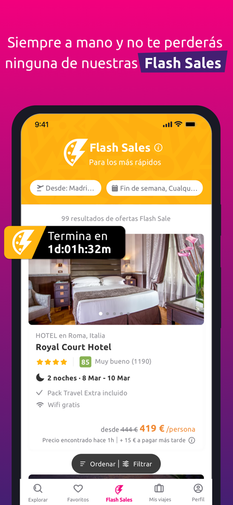 Rumbo mobile app interface displaying a flash sale for a hotel in Rome with a countdown timer