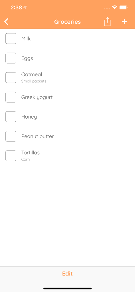 Family Organizer - Calendar - Digitale Einkaufsliste in der Family Organizer App mit Artikeln wie Milch, Eiern und griechischem Joghurt
