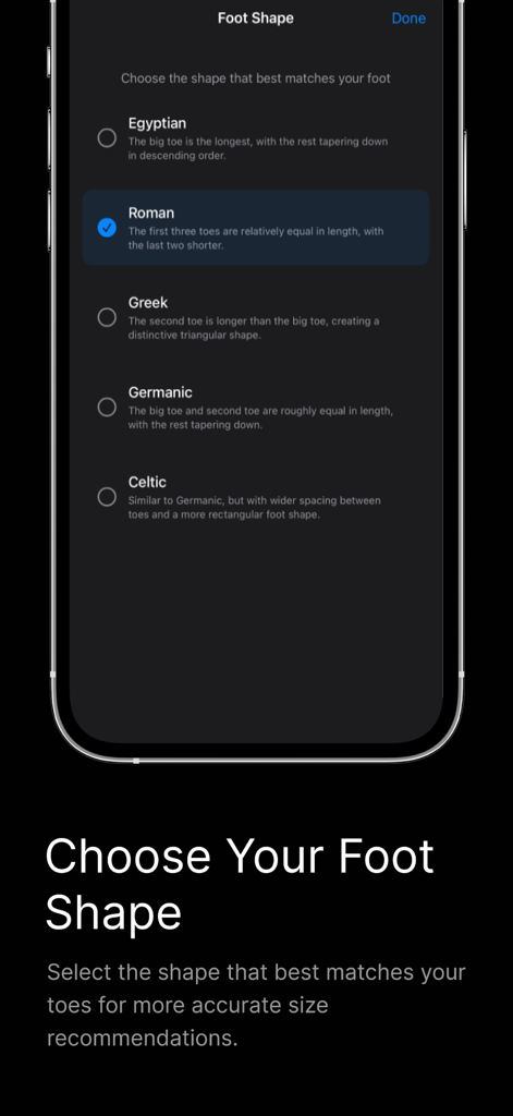 Foot Measure App – FitFoot - Pantalla de la aplicación móvil FitFoot que muestra opciones para elegir la forma del pie para recomendaciones precisas de tallas de zapatos.