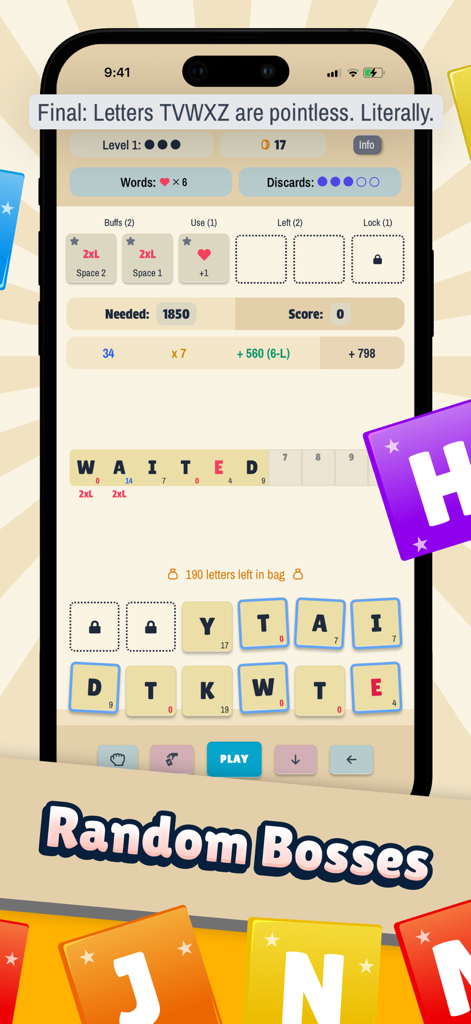 Letterlike gameplay showing a word formed with tiles and a random boss challenge description at the top