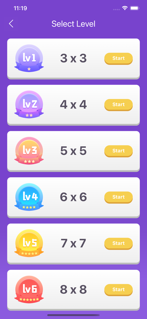 Level selection screen of the Schulte Table app displaying grid sizes from 3x3 to 8x8 for speed reading training.