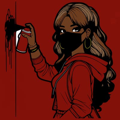 realistic girl with mask spray painting a wall