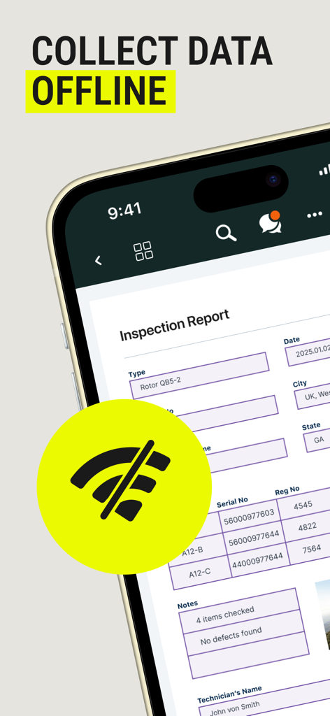 Fluix Docs mobile app showing an inspection report form with a no-wifi icon highlighting offline capabilities.