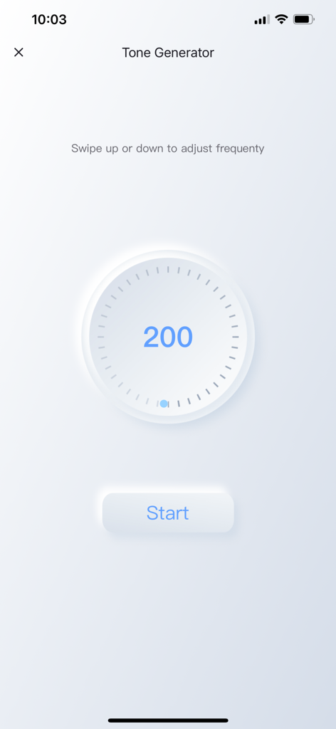 Water Wave - Clean Speaker - Interface of the Water Wave app tone generator showing a frequency dial set at 200 and a start button
