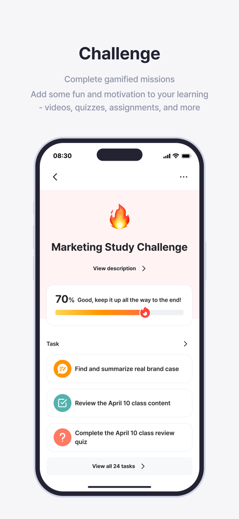 タスクリストと進捗バーを備えたゲーミフィケーションされたマーケティングスタディチャレンジを示すCLASSUMアプリのスクリーンショット