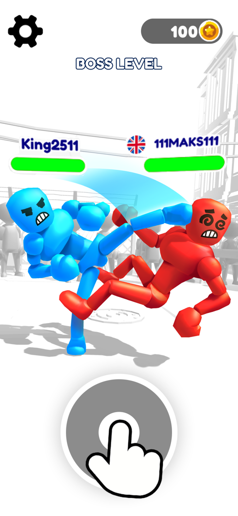 Ragdoll Stick Fighter: Bash - A blue stickman character kicking a red stickman in a boss level battle
