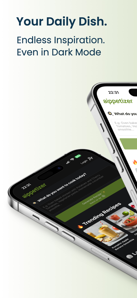Aippetizer - Cooking Assistant - Aippetizer cooking assistant app interface shown in light and dark mode on two smartphones