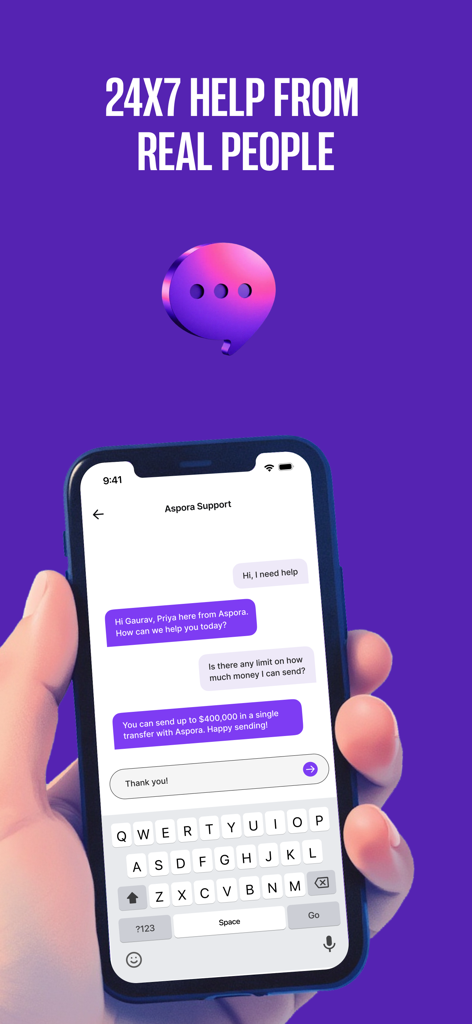 Screenshot der Aspora-Mobil-App, der ein Live-Chat-Gespräch mit menschlichem Support rund um die Uhr zeigt
