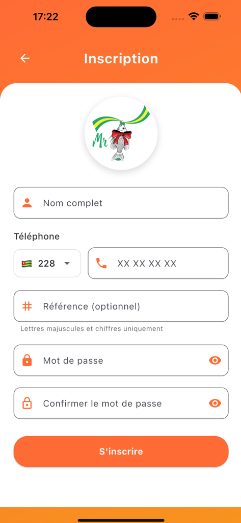 Mr Tilapia - Registration screen for the Mr Tilapia app showing the sign up form with fields for name and phone number