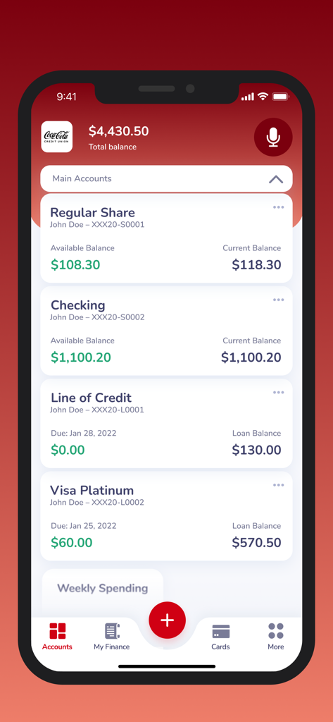 Coca-Cola Credit Union app accounts screen showing checking, savings, and loan balances