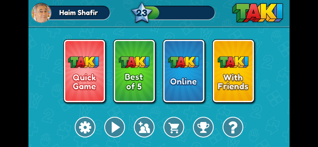 Main menu of the TAKI card game app showing options for Quick Game Best of 5 Online and With Friends modes