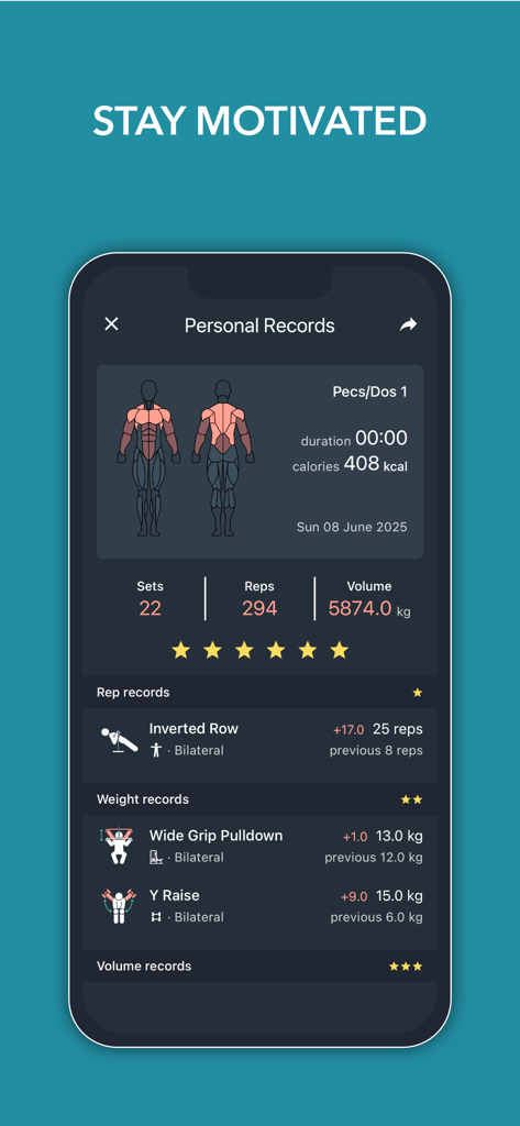 Personal records screen of Blast gym tracker showing muscle heat map and strength statistics