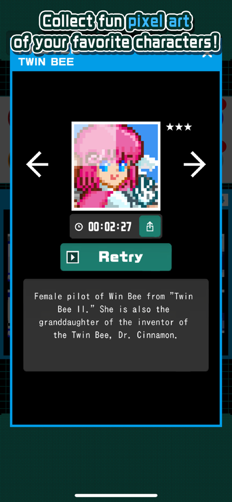 Un puzle de pixel art completado de un personaje de Twin Bee en la galería de Pixel Puzzle Collection.
