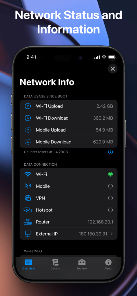Status Monitor - ステータスモニターアプリのネットワーク情報画面。データ使用量と接続の詳細が表示されています。