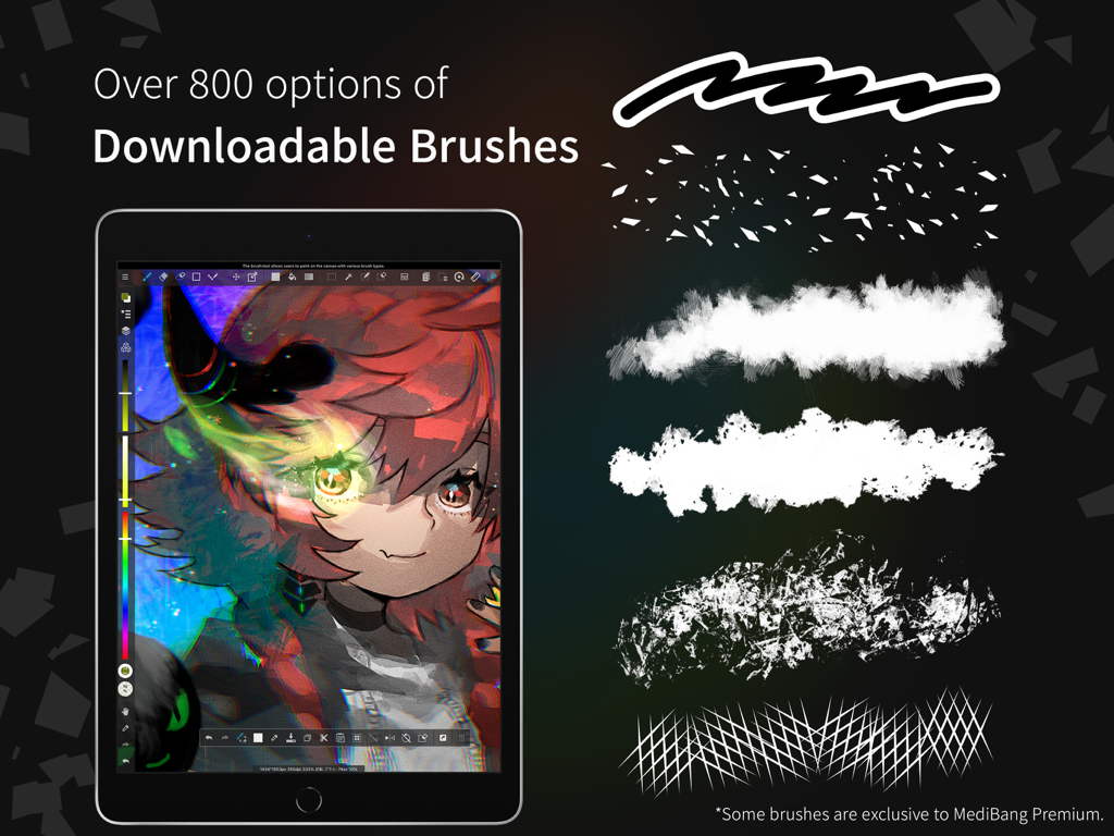 Eine Anime-Charakterillustration auf einem Tablet mit Beispielen für verschiedene digitale Malpinsel