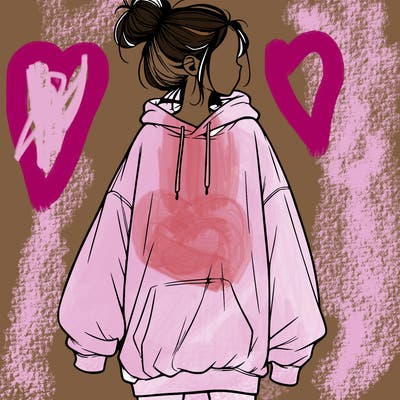 realistic girl with a oversized sweatshirt on and a bun