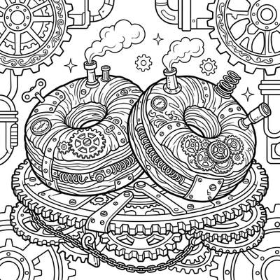 Dive into a fascinating blend of delicious cronuts and intricate steampunk machinery with this unique coloring page. Explore gears, pipes, and Victorian details in a culinary fantasy.