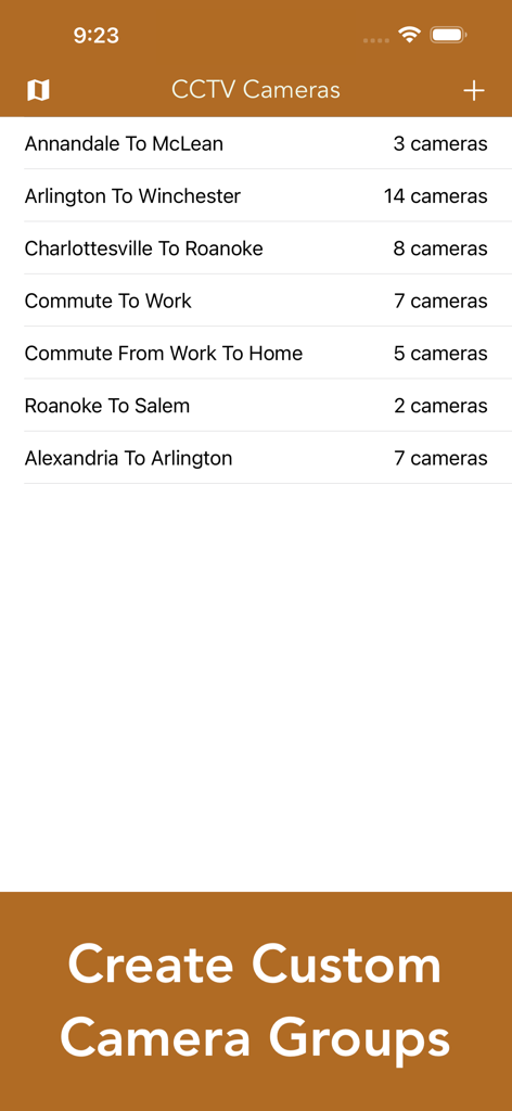 Virginia Traffic Cameras - Interface of Virginia Traffic Cameras app showing a list of user-created custom CCTV camera groups for various routes