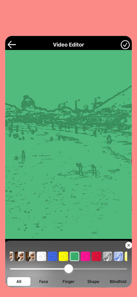 A screenshot of the Blur Video and Mosaic app editor showing a green artistic filter applied to a video