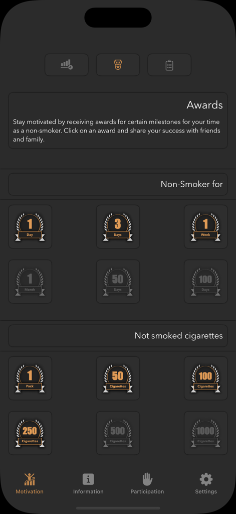Quit Smoking --~ Smoke Free - Pantalla de aplicación móvil que muestra premios por logros e hitos por dejar de fumar.