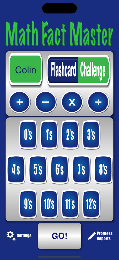 The main menu interface of the Math Fact Master app showing options for addition subtraction multiplication division and number sets from zero to twelve