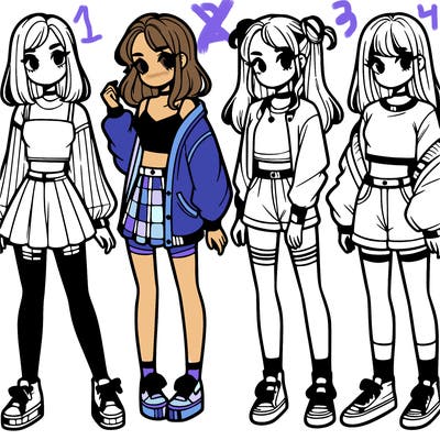 one girl with crop-top shirt and a jacket with a skirt, long socks and another girl with a shirt and pants with a jacket