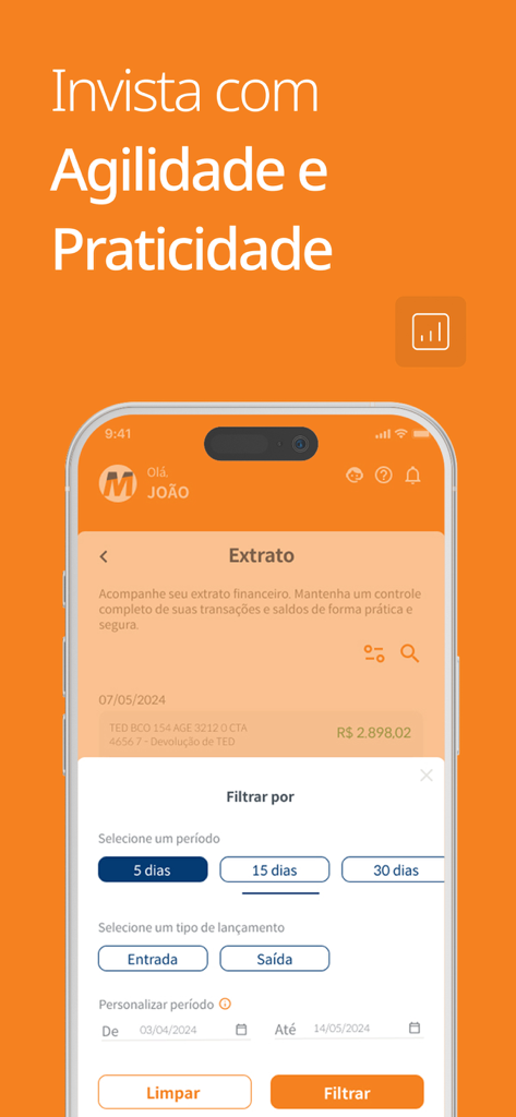 Interface do aplicativo Mirae Asset Invest mostrando opções de filtro de extrato financeiro por período e tipo de transação.
