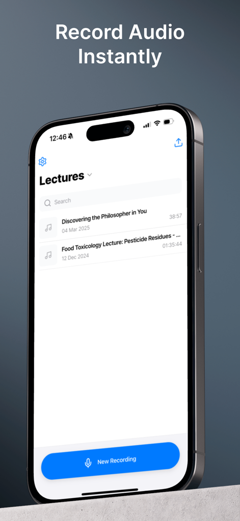 ScreenApp Meeting Minutes AI - iPhone screen displaying the ScreenApp app with a list of audio recordings and a button to record audio instantly