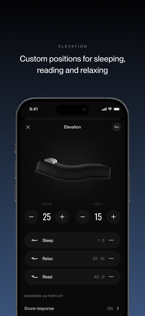 Eight Sleep - Screenshot of the Eight Sleep app showing mattress elevation controls for sleep and relaxation