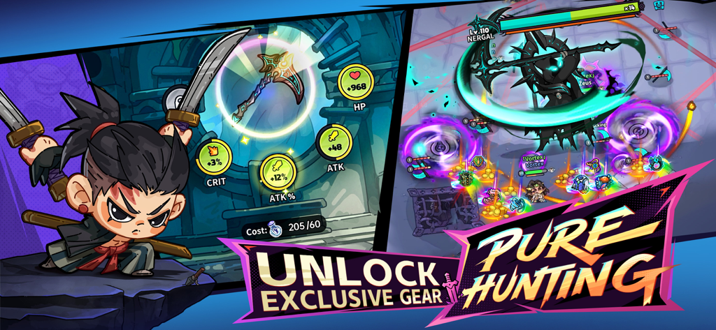 Hero's Land: GrimLoot - Heros Land GrimLoot gameplay showing gear customization and top-down boss hunting combat