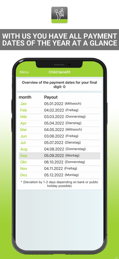 Screenshot of the Child Benefit Payment Dates app showing a yearly schedule of monthly payout dates for a user.