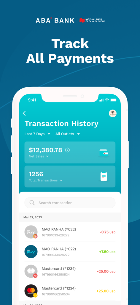 ABA Merchant - Interfaz de la aplicación ABA Merchant mostrando el historial de transacciones y el seguimiento de las ventas netas
