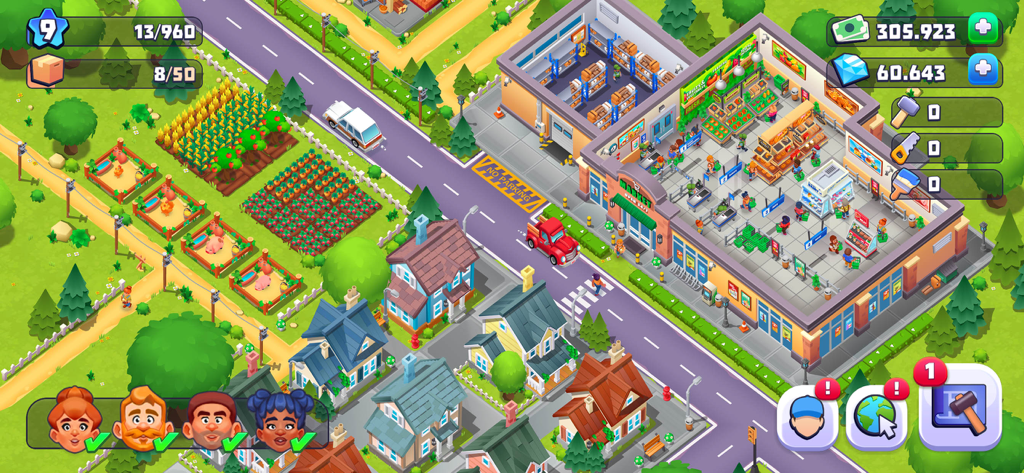 Supermarket Village—Farm Town - Top-down view of a cartoon village featuring farm animals and a supermarket with customers