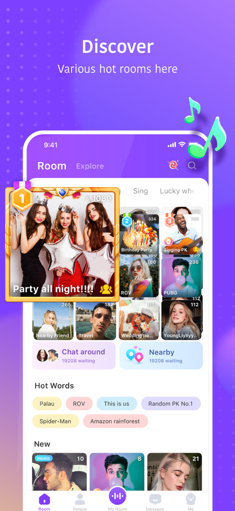 Hello Yo – Group Chat Rooms - Discovery screen of Hello Yo app showing various group voice chat rooms and nearby friends