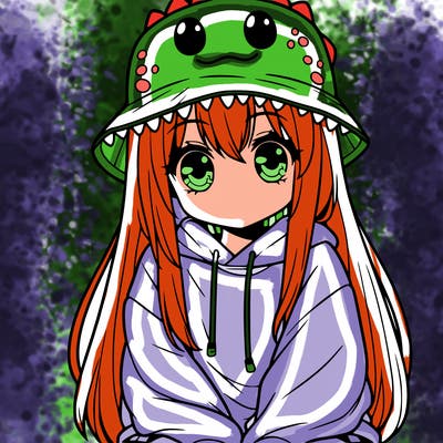 girl with anime shaped eyes with a dinosaur bucket hat oversized sweatshirt long straight hair