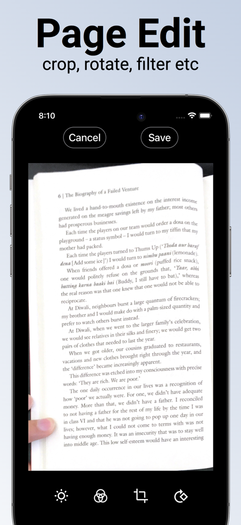PDF document Scanner :Doc Scan - Una interfaz de smartphone que muestra la función de edición de páginas de una aplicación de escáner de documentos, incluyendo herramientas de recorte, rotación y filtro.