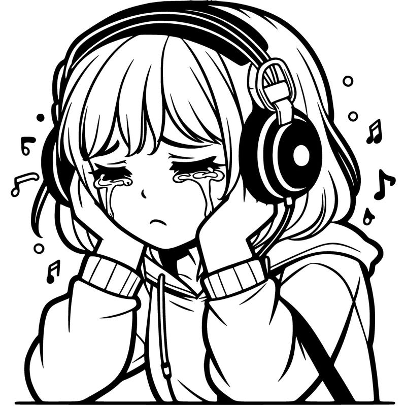 teenage girl crying with headphones