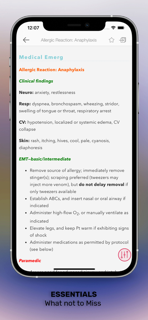 Screenshot of the EMS Notes app displaying a clinical guide for allergic reaction and anaphylaxis including findings and protocols for EMTs and Paramedics.