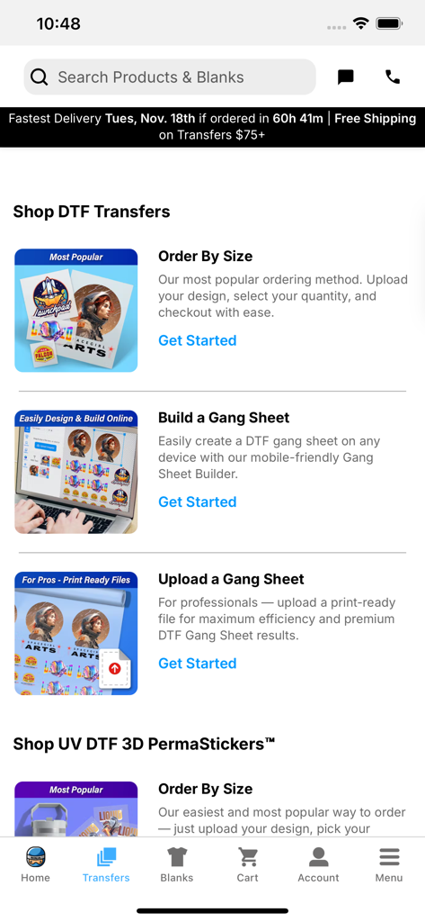 Ninja Transfers - Interface of the Ninja Transfers app showing various ordering options for Direct to Film transfers and gang sheets