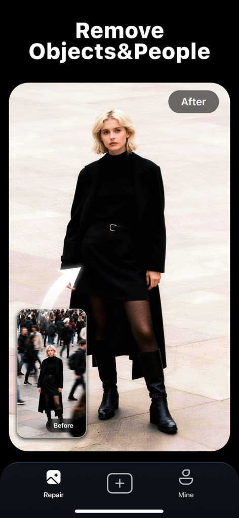 Repairit - AI Photo Enhancer - Before and after comparison showing the removal of a crowd from a portrait using Repairit AI