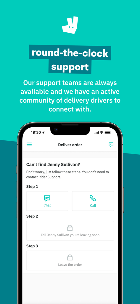 Deliveroo Rider - Smartphone screen of Deliveroo Rider app displaying round the clock support features and customer contact options