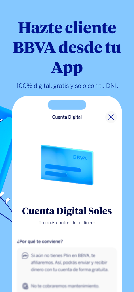 BBVA Perú | Banca Móvil - Capture d'écran de l'application mobile BBVA Pérou illustrant la procédure d'ouverture d'un compte 100 % numérique en soles.
