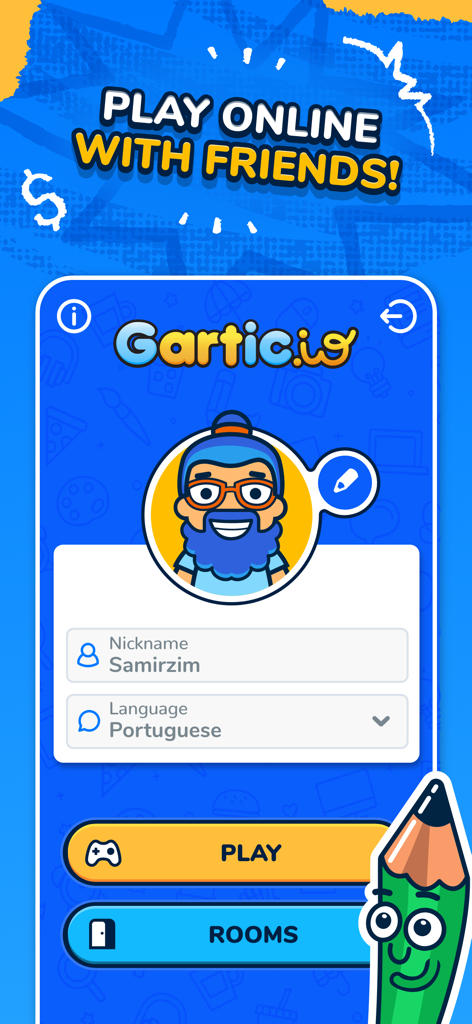Gartic io mobile app home screen for nickname and language selection