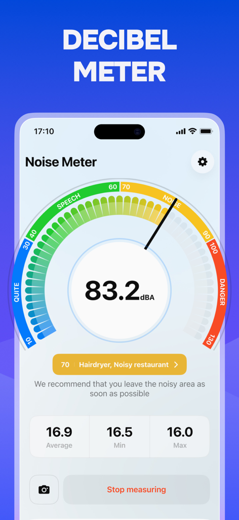 Water Eject ‒ Speaker Cleaner - Screenshot della funzione misuratore di decibel nell'app Clear Wave che mostra un livello di rumore di 83,2 dBA con un indicatore circolare.