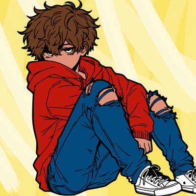 a male hoddie ripped jeans messy hair anime