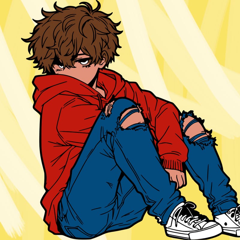a male hoddie ripped jeans messy hair anime