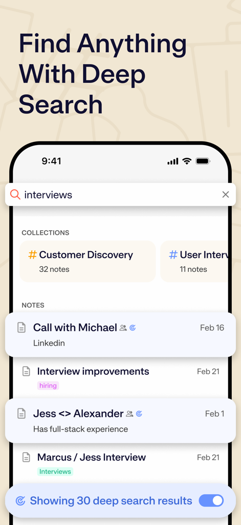 Mem – Your AI Thought Partner - Screenshot of the Mem app showing deep search results for the term interviews with related notes and collections