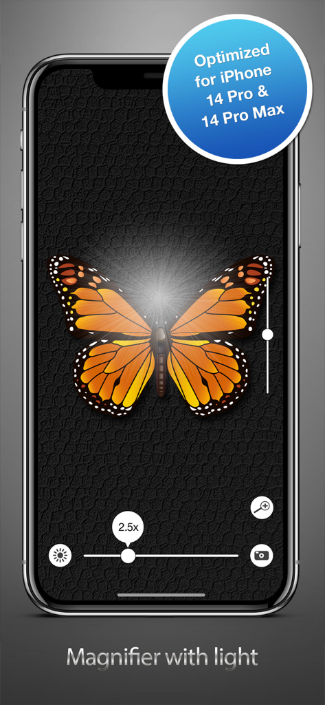 Magnifying glass ++ - Aplicación Lupa plus plus mostrando una mariposa con zoom de 2.5x y función de luz activada